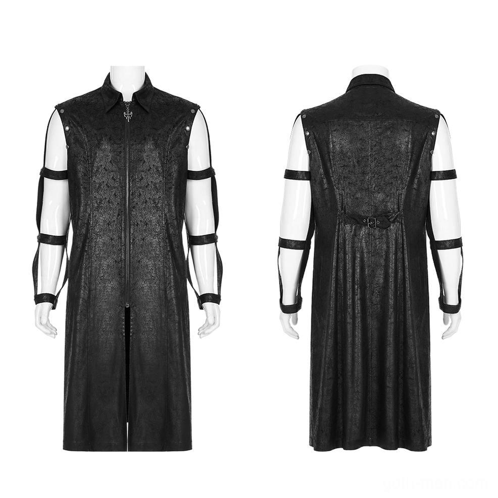 Front view of black cracked rubber gothic longline coat on mannequin displaying detachable arm harness straps and structured silhouette