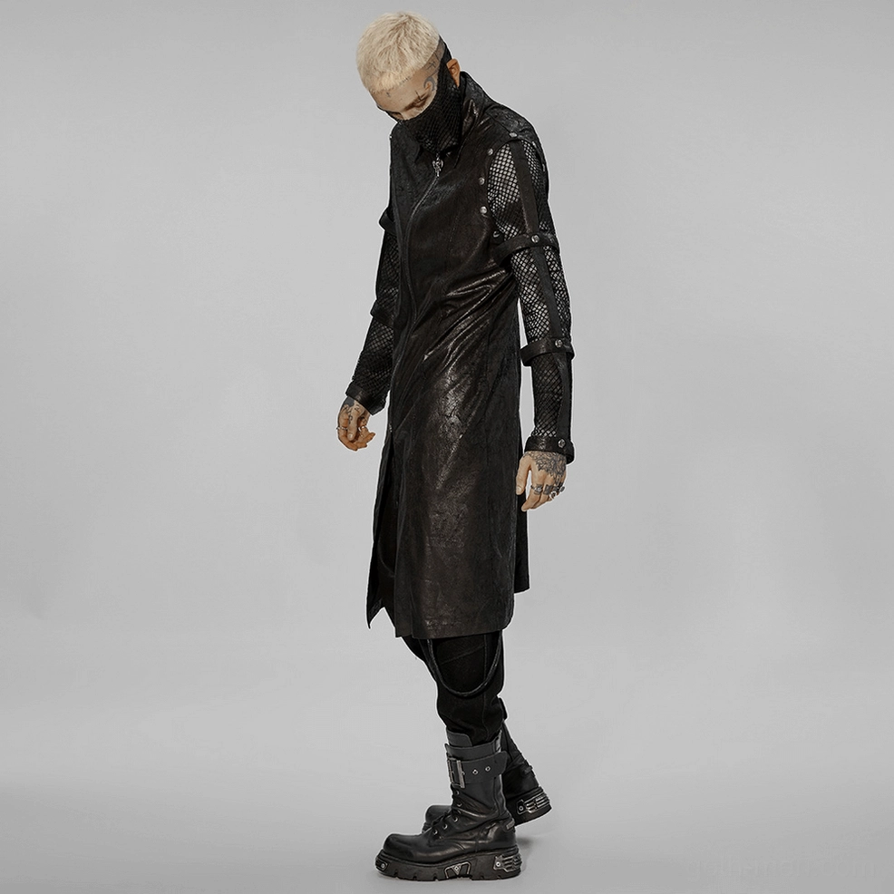 Detailed front view of black cracked rubber gothic longline coat showing zip closure and stand collar design