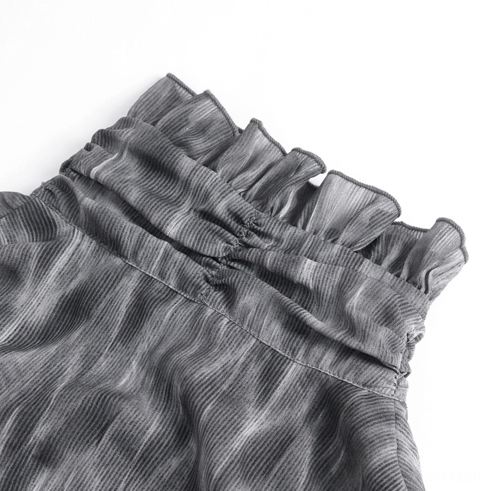 Side angle close-up of layered pleated ruffled collar showing marbled grey fabric and gothic theatrical design elements