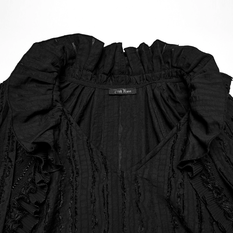 Black gothic ruffle collar textured shirt back neckline close-up showing high ruffled collar design