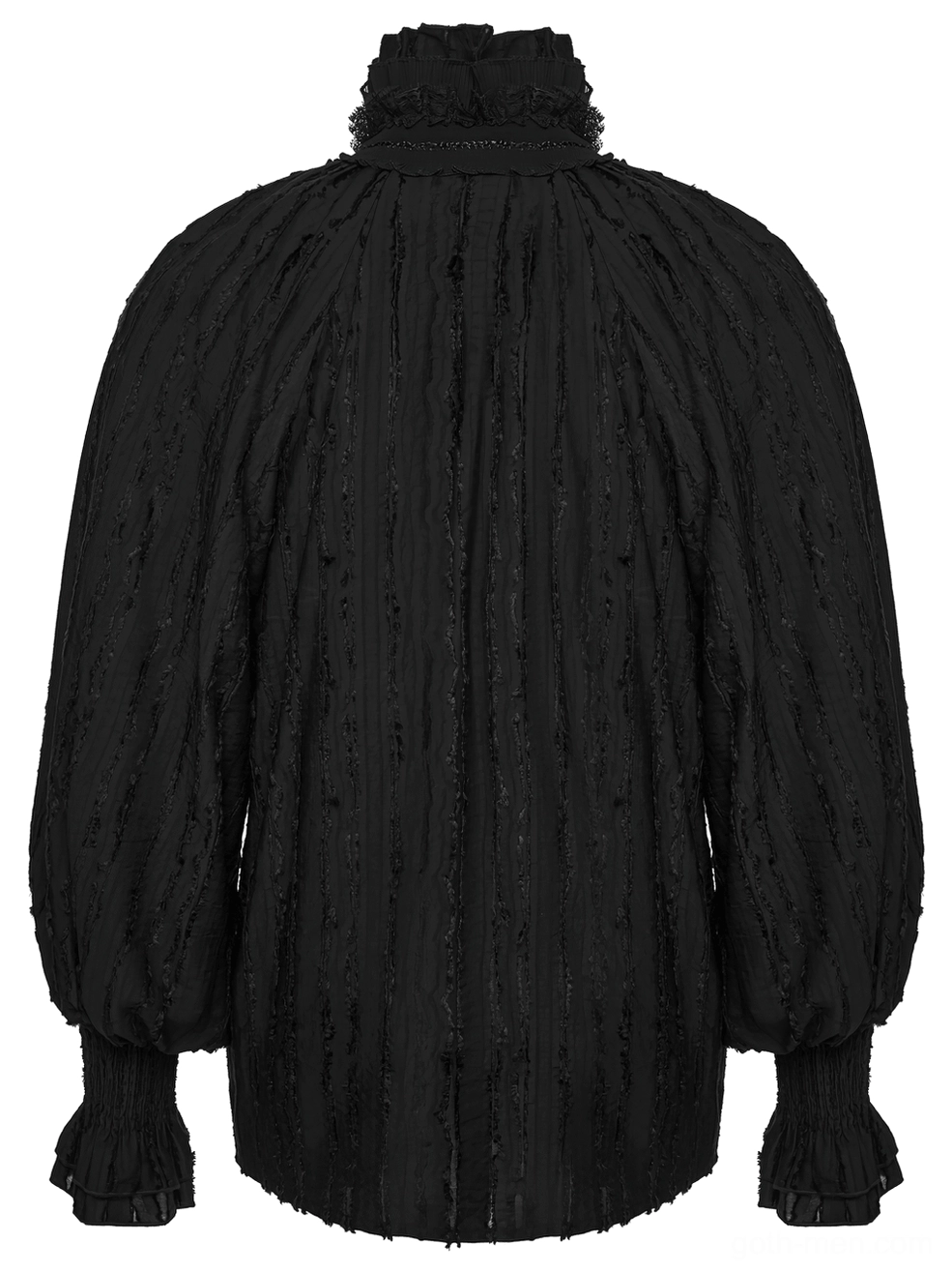 Black gothic ruffle collar textured shirt back flat lay showing high ruffled collar detail