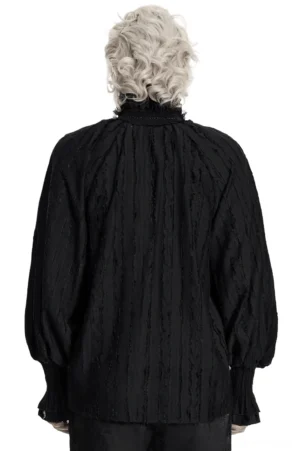 Black gothic ruffle collar textured shirt back view showing high ruffled collar and bishop sleeves