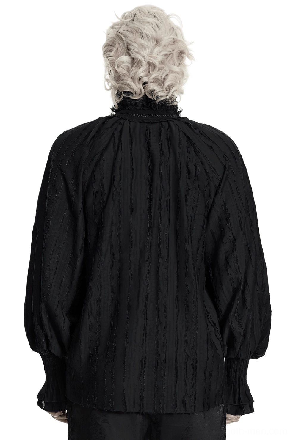 Black gothic ruffle collar textured shirt back view showing high ruffled collar and bishop sleeves