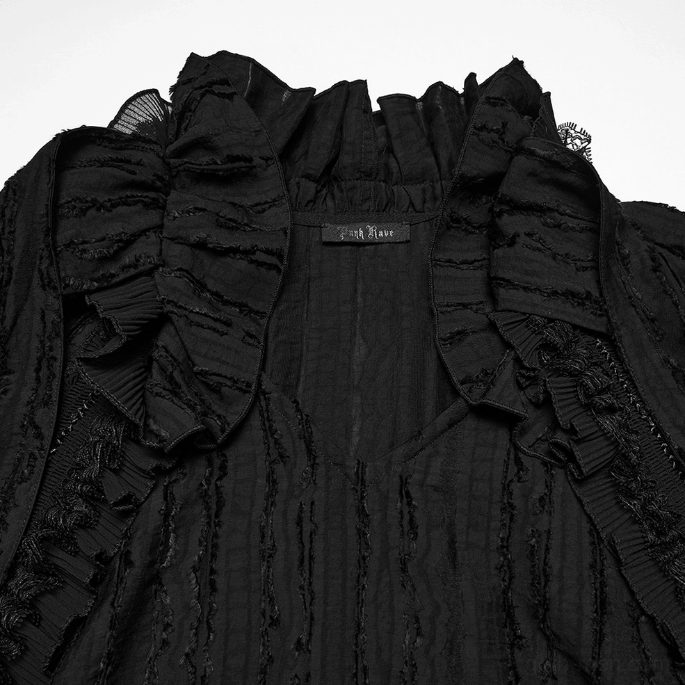 Close-up detail of gothic ruffle collar and front bow necktie with lace trim