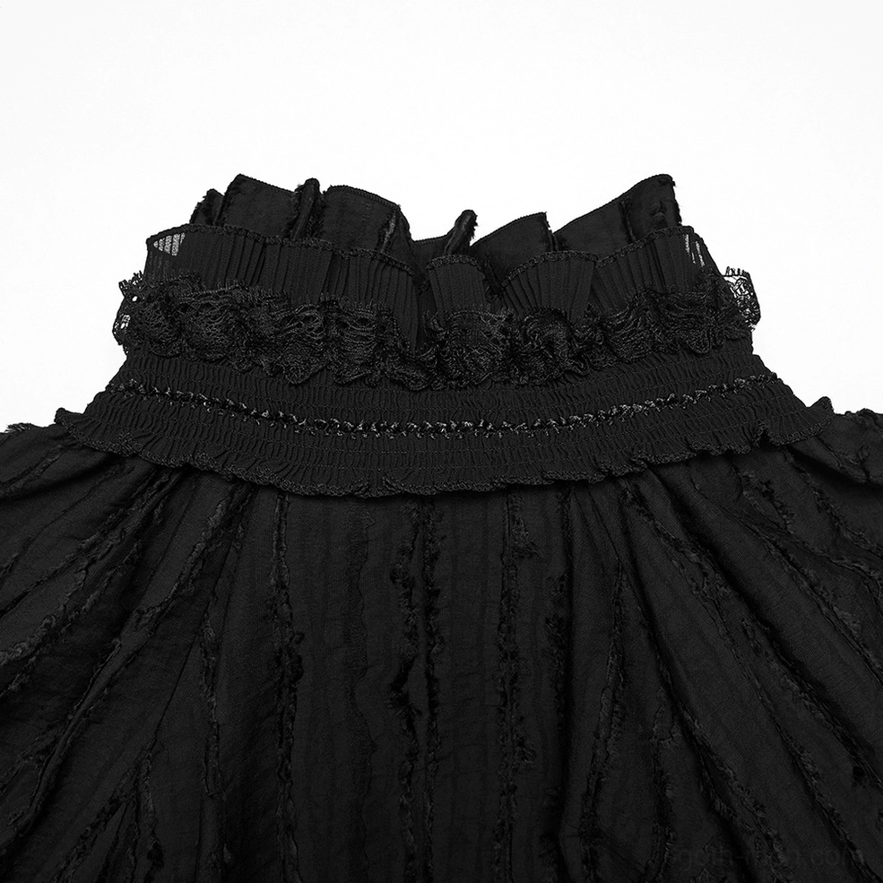 Black gothic ruffle collar textured shirt displaying fabric texture and weave pattern