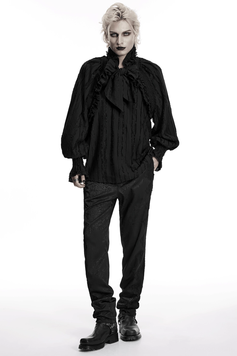 Black gothic ruffle collar textured shirt front portrait detail with androgynous styling