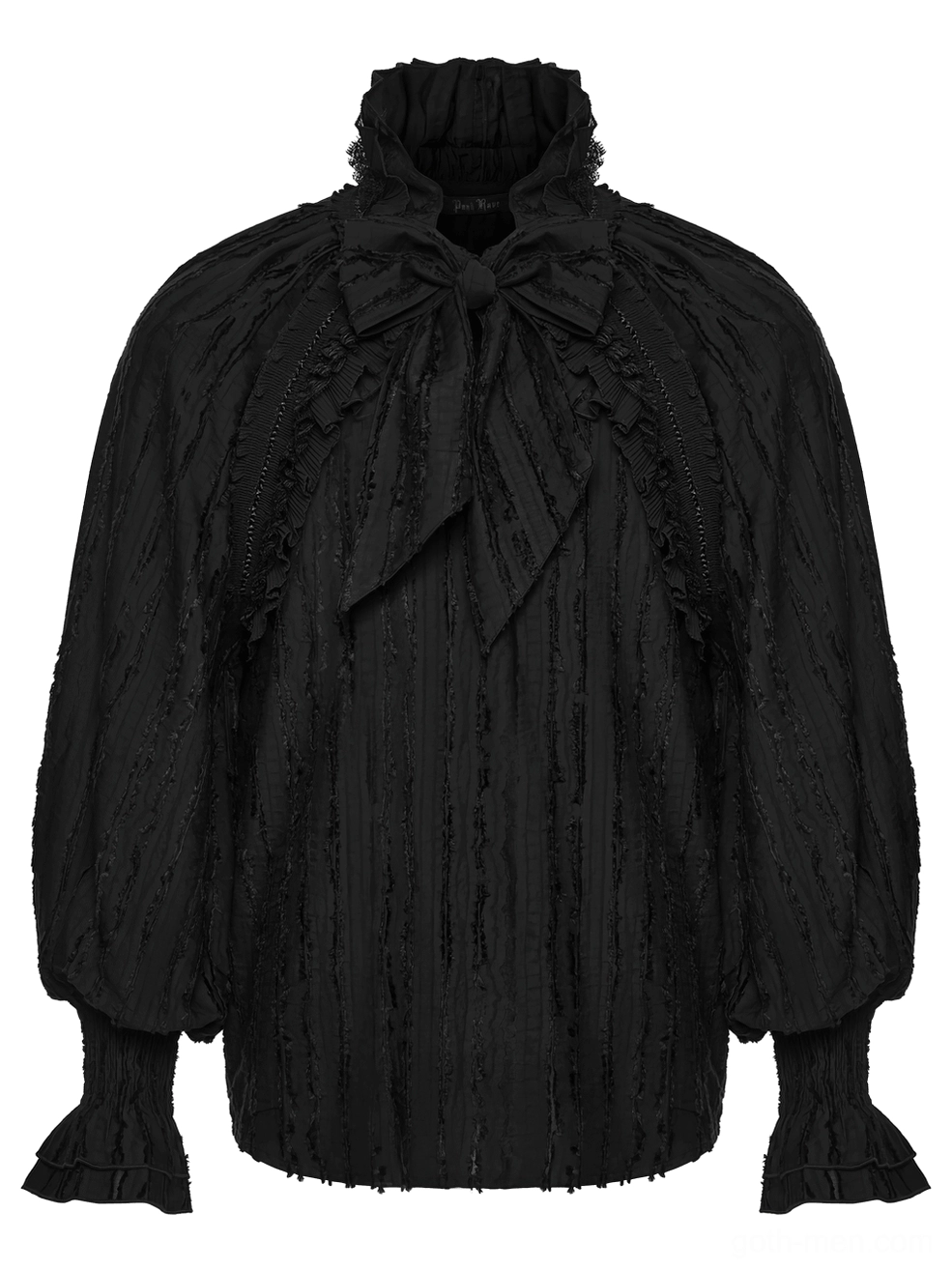 Black gothic ruffle collar textured shirt front flat lay showing bow necktie detail
