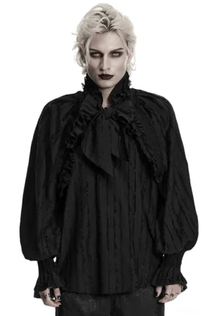 Black gothic ruffle collar textured shirt with bishop sleeves front view on model