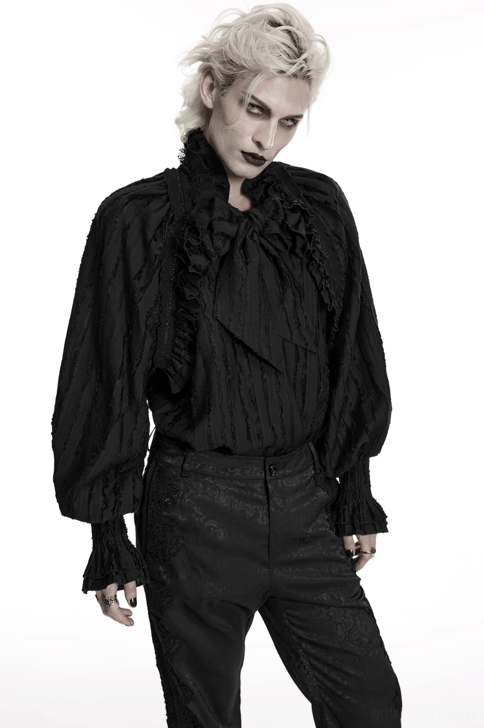 Black gothic ruffle collar textured shirt full length front view showcasing theatrical silhouette