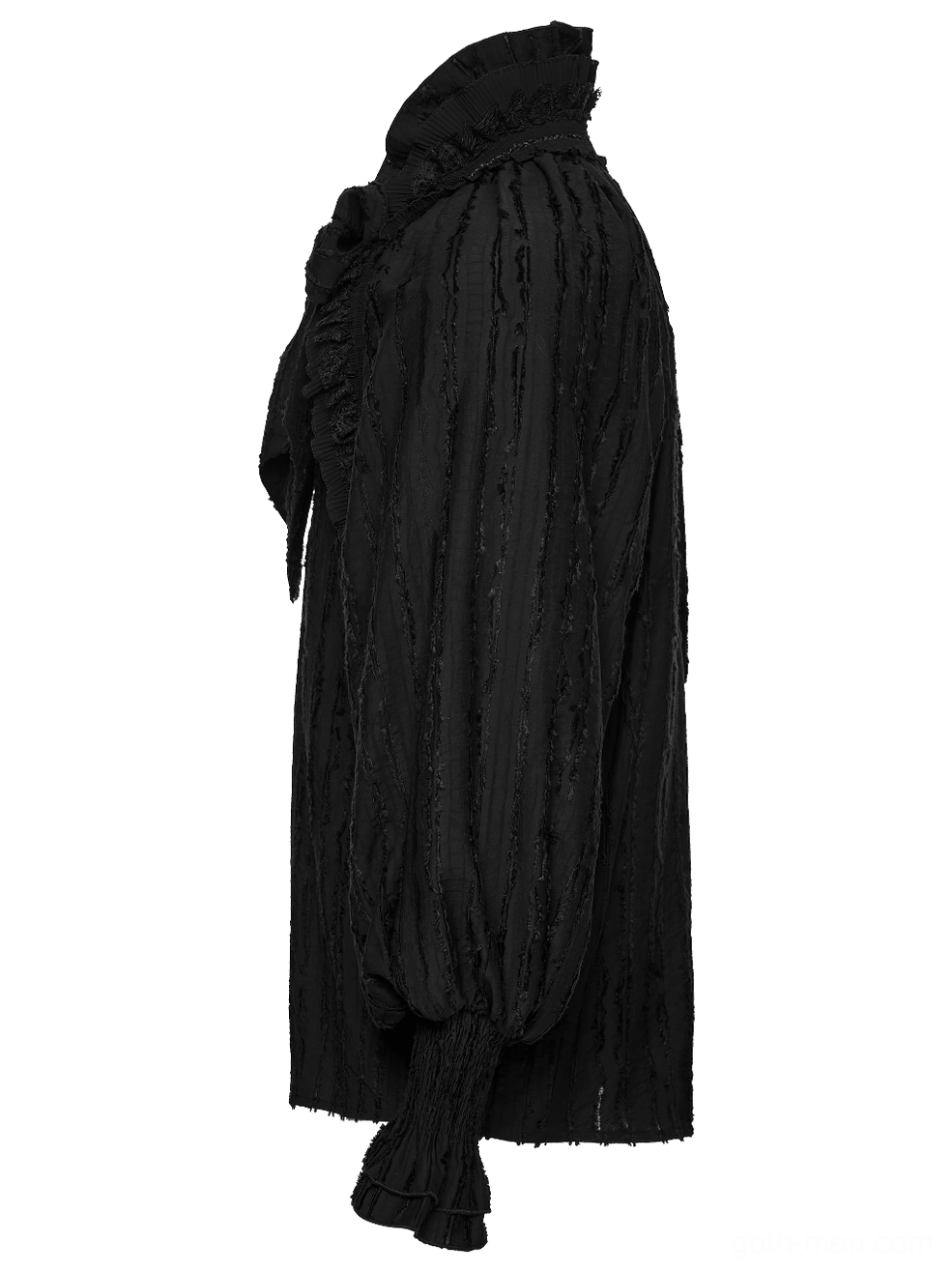 Black gothic ruffle collar textured shirt side profile showing bishop sleeve proportion