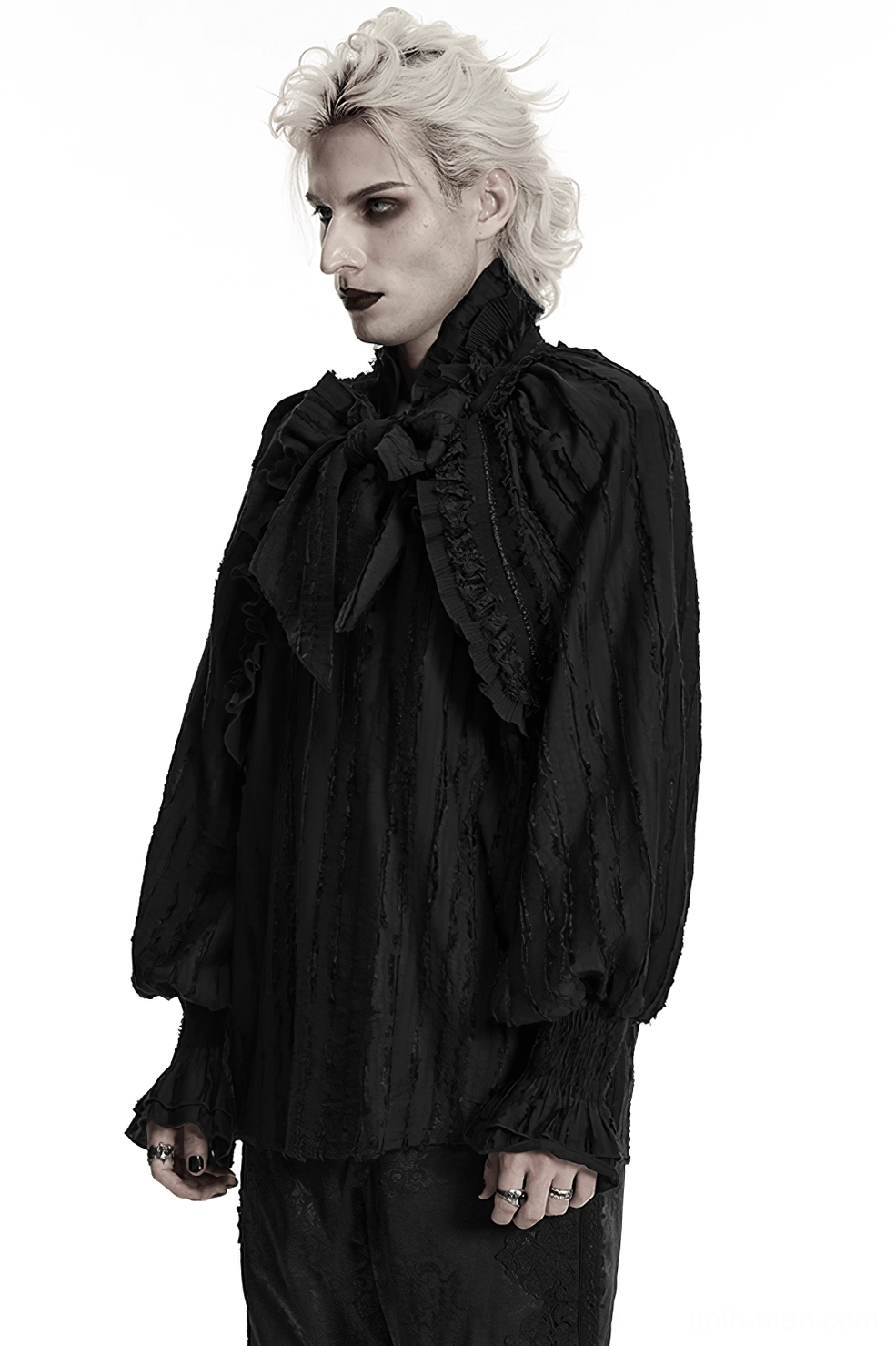 Black gothic ruffle collar textured shirt side view showing sleeve gathering and fit