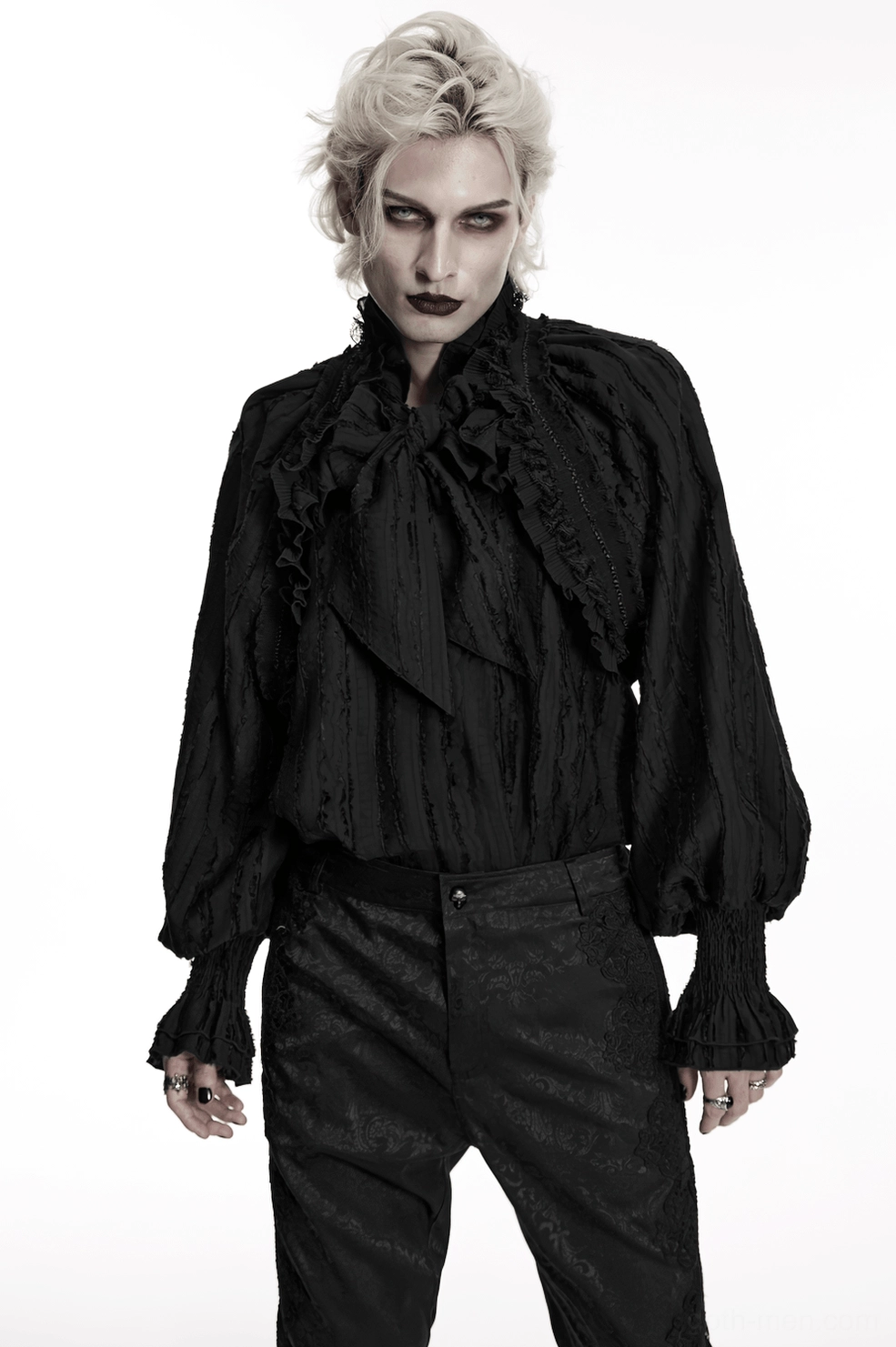 Black gothic ruffle collar textured shirt three-quarter view highlighting bishop sleeves