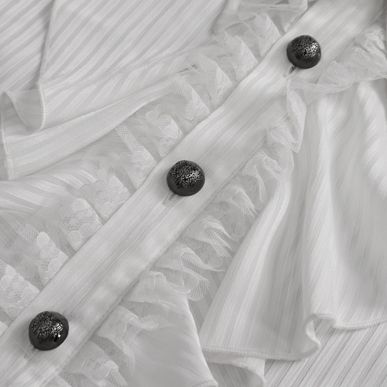 Detailed close-up of white gothic shirt front placket with ruffled trim, dark oxidized metal buttons, and vertical striped polyester fabric