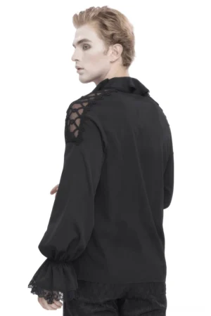 Black gothic bishop sleeve shirt with ruffled back collar - side rear view showing theatrical sleeve design
