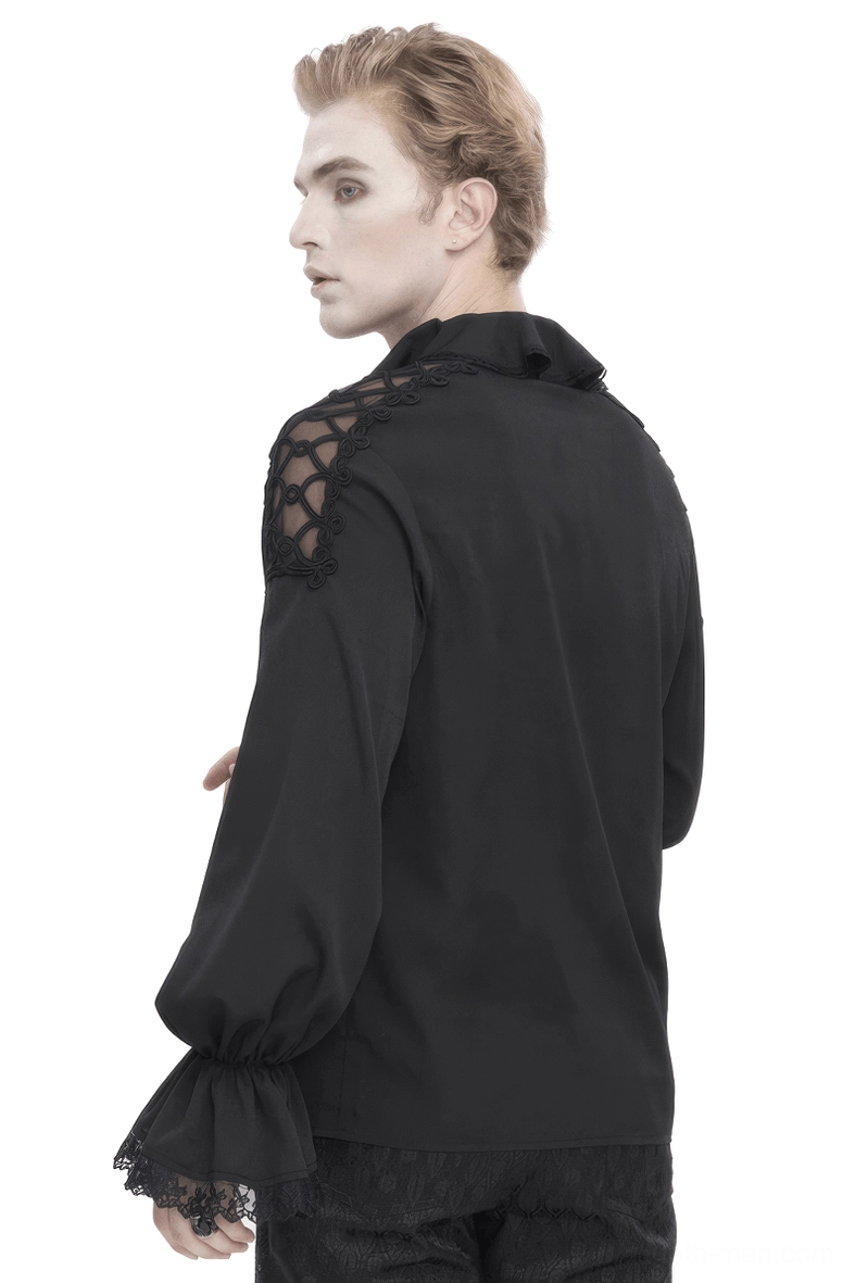 Black gothic bishop sleeve shirt with ruffled back collar - side rear view showing theatrical sleeve design