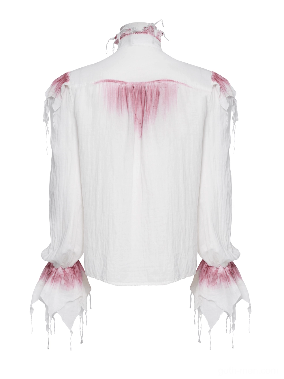 Gothic ruffle shirt back view on mannequin showing crimson faded upper back print and frayed sleeve cuffs