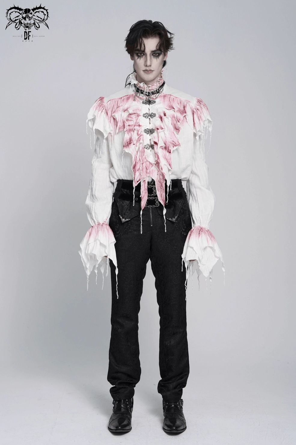 Victorian gothic ruffle shirt back detail showing crimson distressed print and ruffle construction