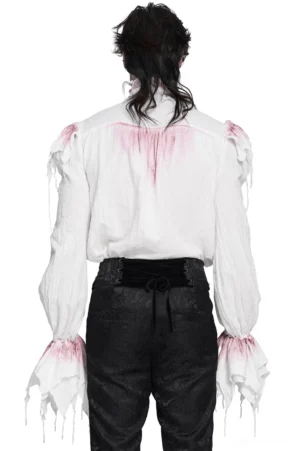 White gothic ruffle shirt back view with crimson faded print and black waist belt on male model