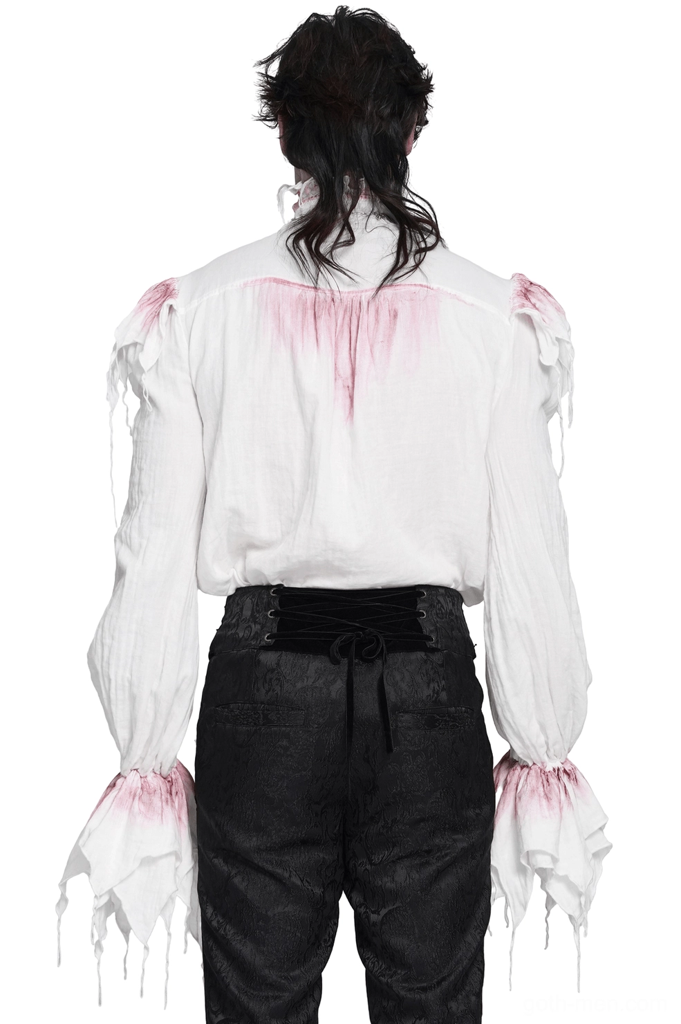 White gothic ruffle shirt back view with crimson faded print and black waist belt on male model