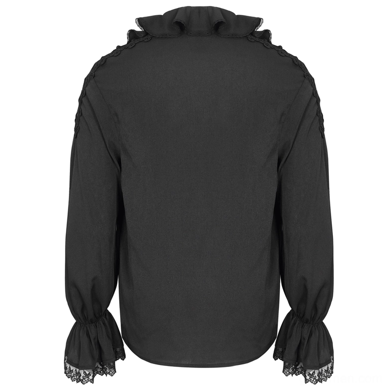 Black ruffled gothic shirt rear view showing relaxed loose fit and ruffled back collar detail