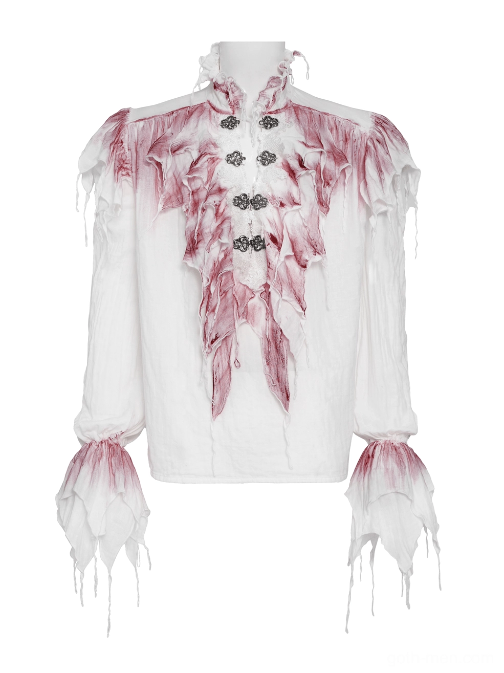White gothic ruffle shirt front flat lay showing multiple metal clasp buttons and layered front frills detail