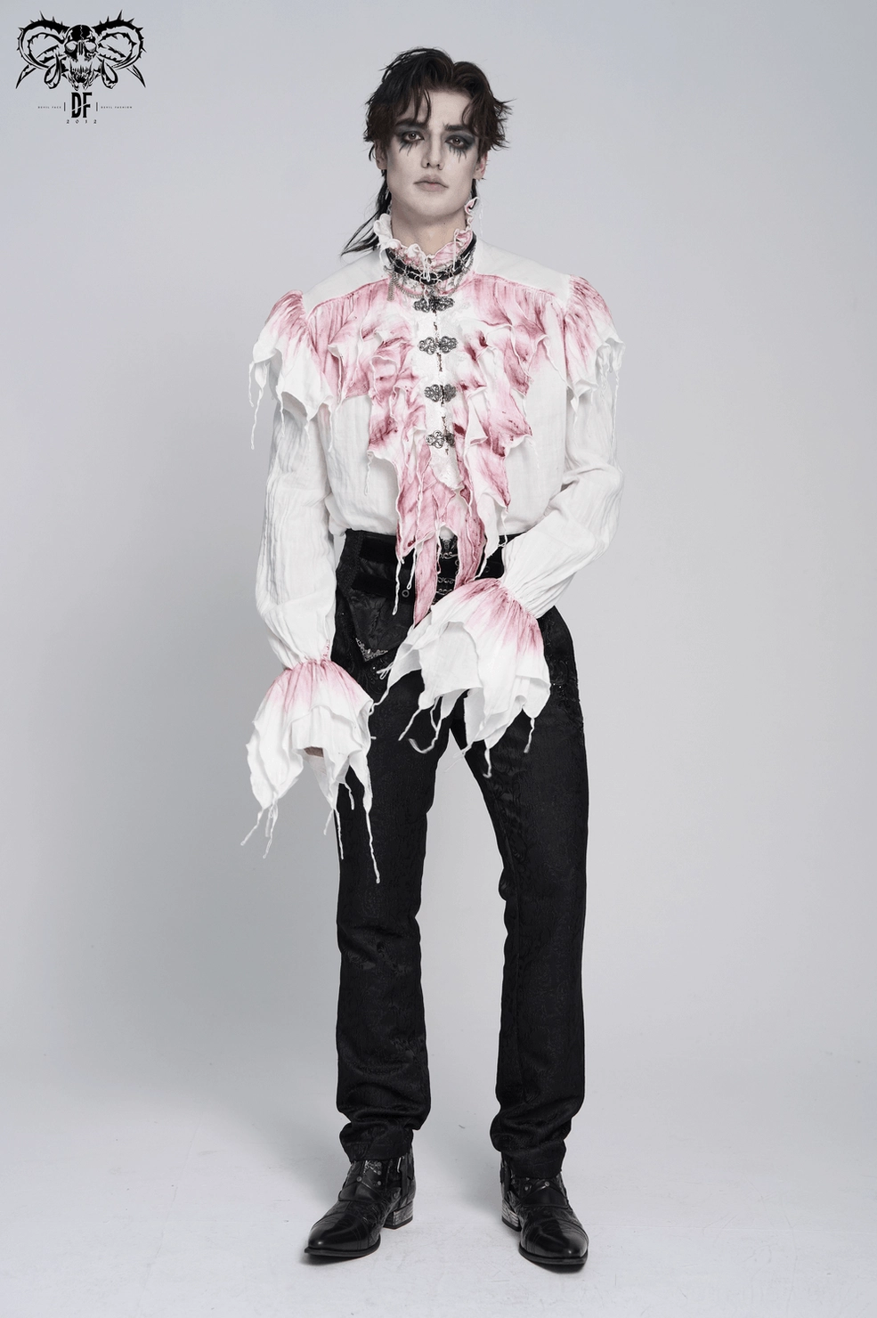 Victorian gothic ruffle shirt flat lay showing complete design with ruffles, collar, and sleeves