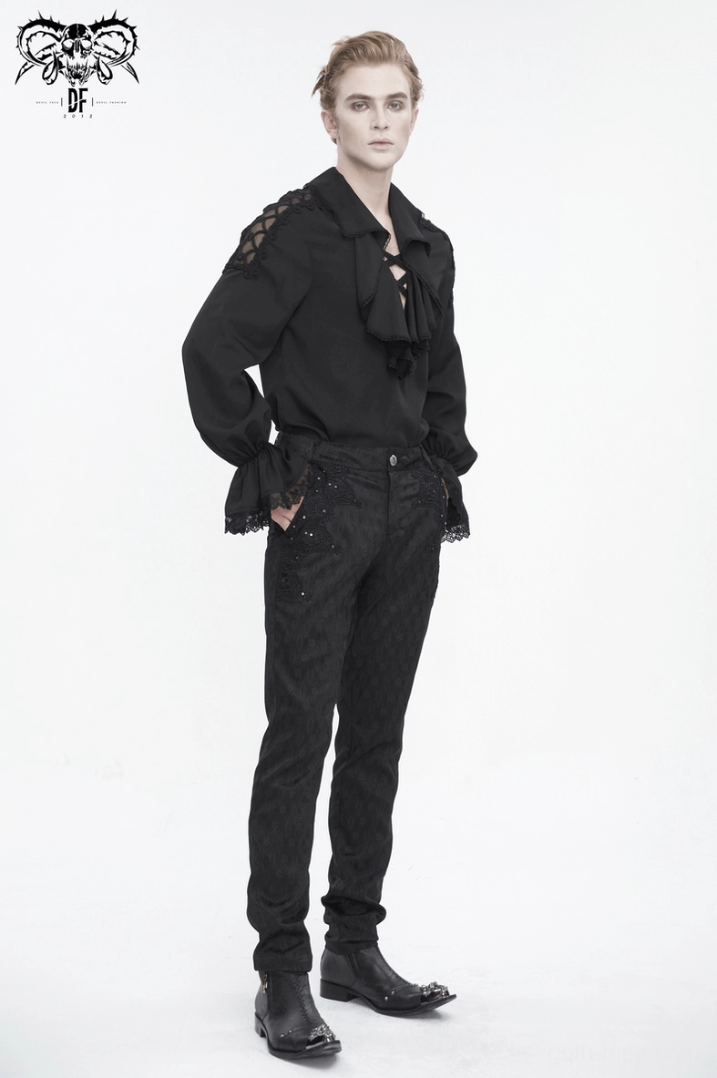 Black gothic ruffle shirt complete outfit presentation - alternative fashion and goth subculture styling