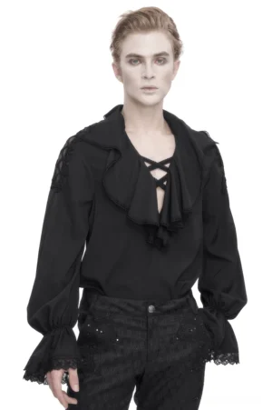 Black gothic ruffle shirt with deep V-neck lace-up front and lace shoulder cutouts - front view on male model