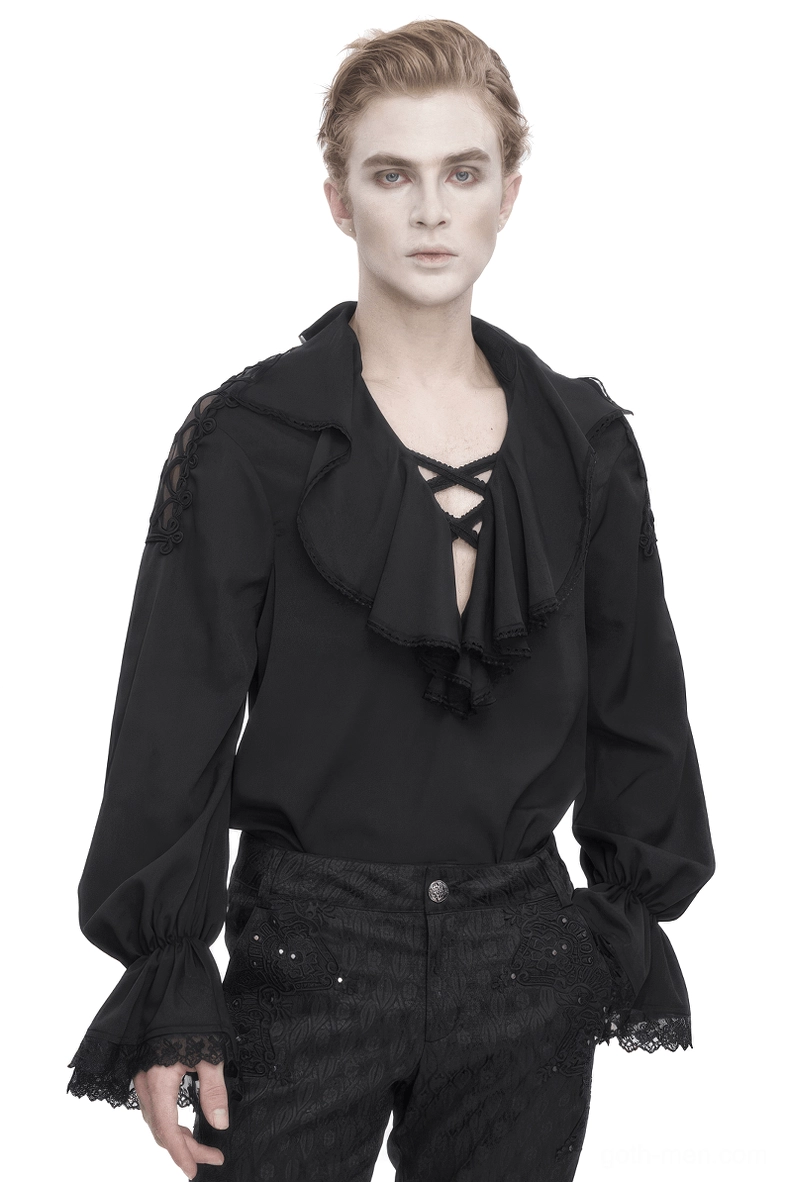 Black gothic ruffle shirt with deep V-neck lace-up front and lace shoulder cutouts - front view on male model