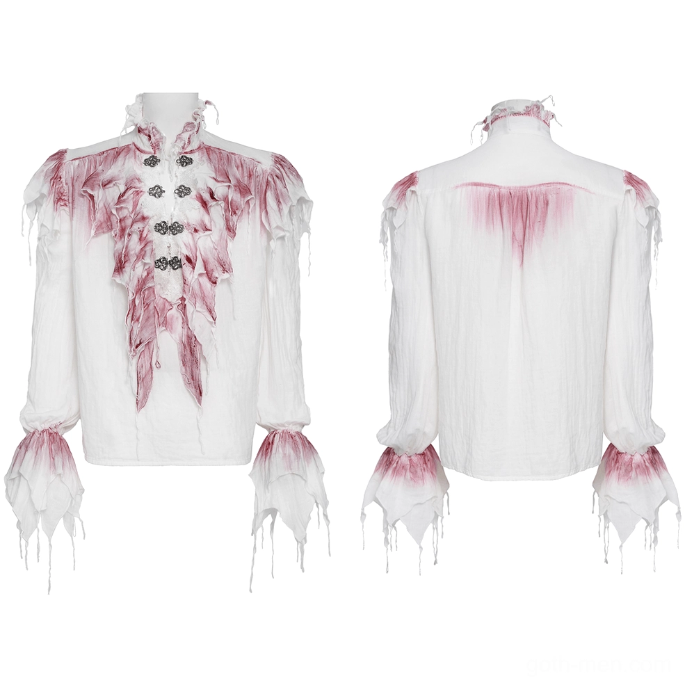 Victorian gothic ruffle shirt flat lay front view showing metal clasp buttons and layered crimson frills on mannequin