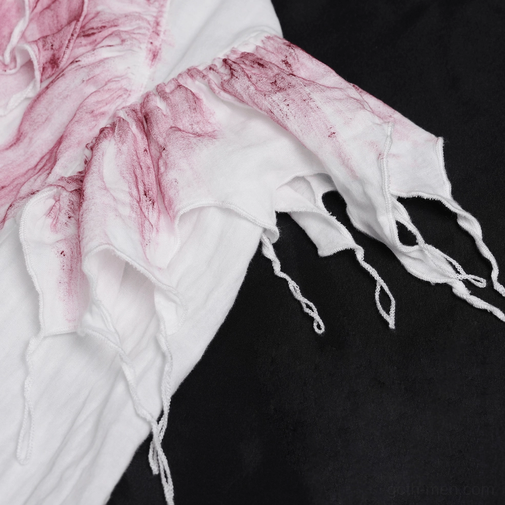 Gothic ruffle shirt side view showing frayed shoulder ruffles and crimson stained fabric texture
