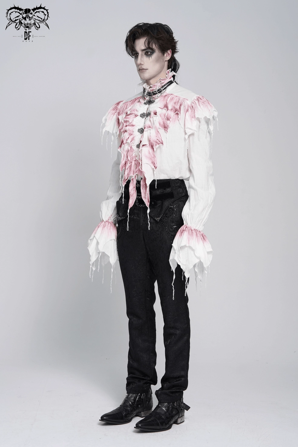 Gothic ruffle shirt front view detail highlighting metal clasp buttons and layered frilled fabric