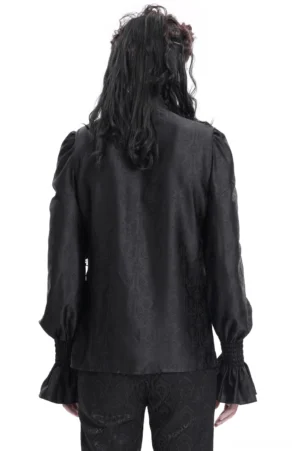 Back view of black gothic Victorian shirt with damask jacquard texture and flared cuffs