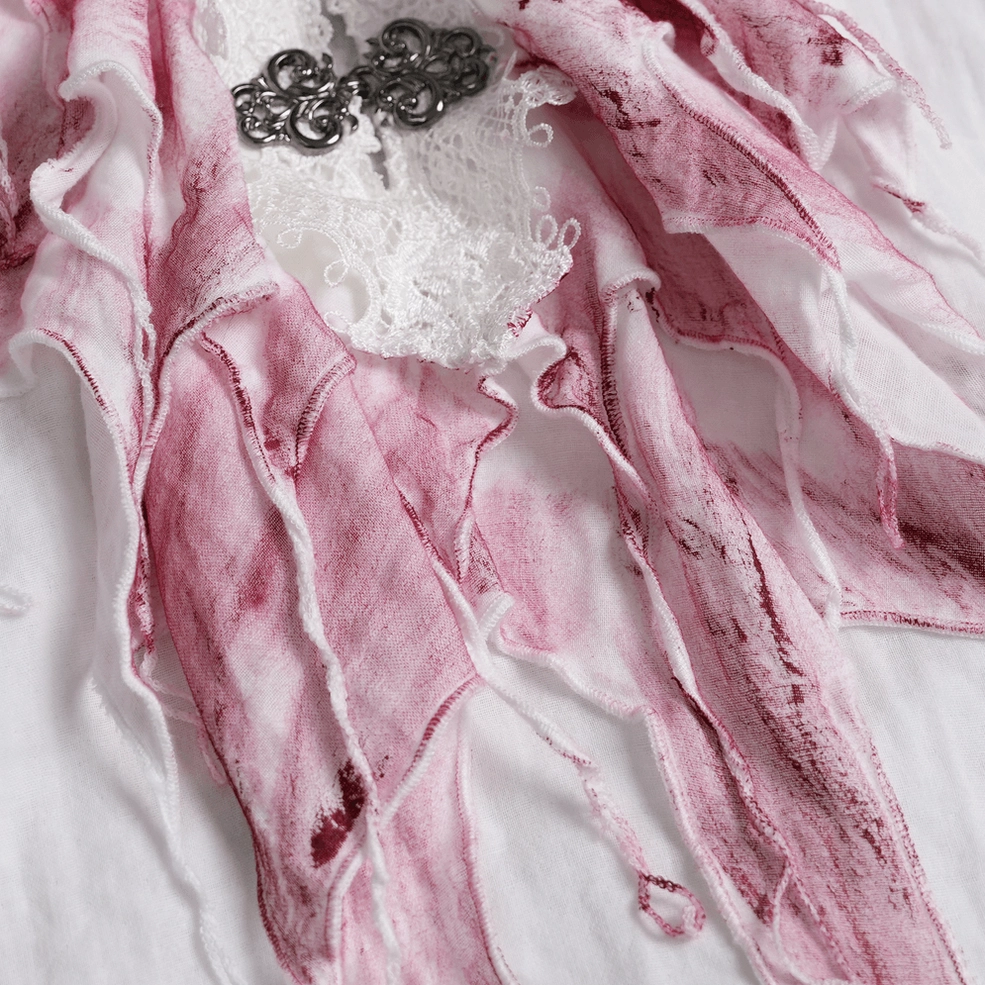 White gothic ruffle shirt puff sleeve with crimson distressed cuff detail on mannequin