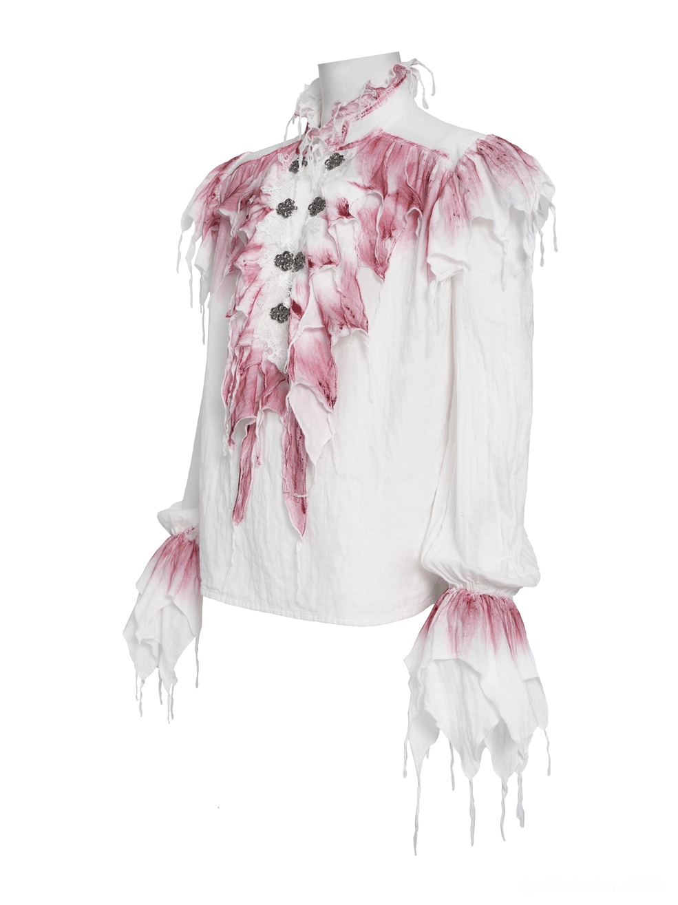 Victorian gothic ruffle shirt front three-quarter view on dress form showing high stand collar and shoulder ruffles