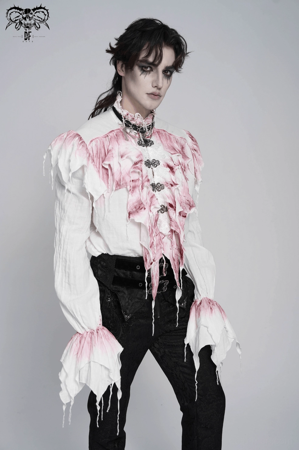 White gothic ruffle shirt with crimson accents styled with gothic accessories and alternative fashion