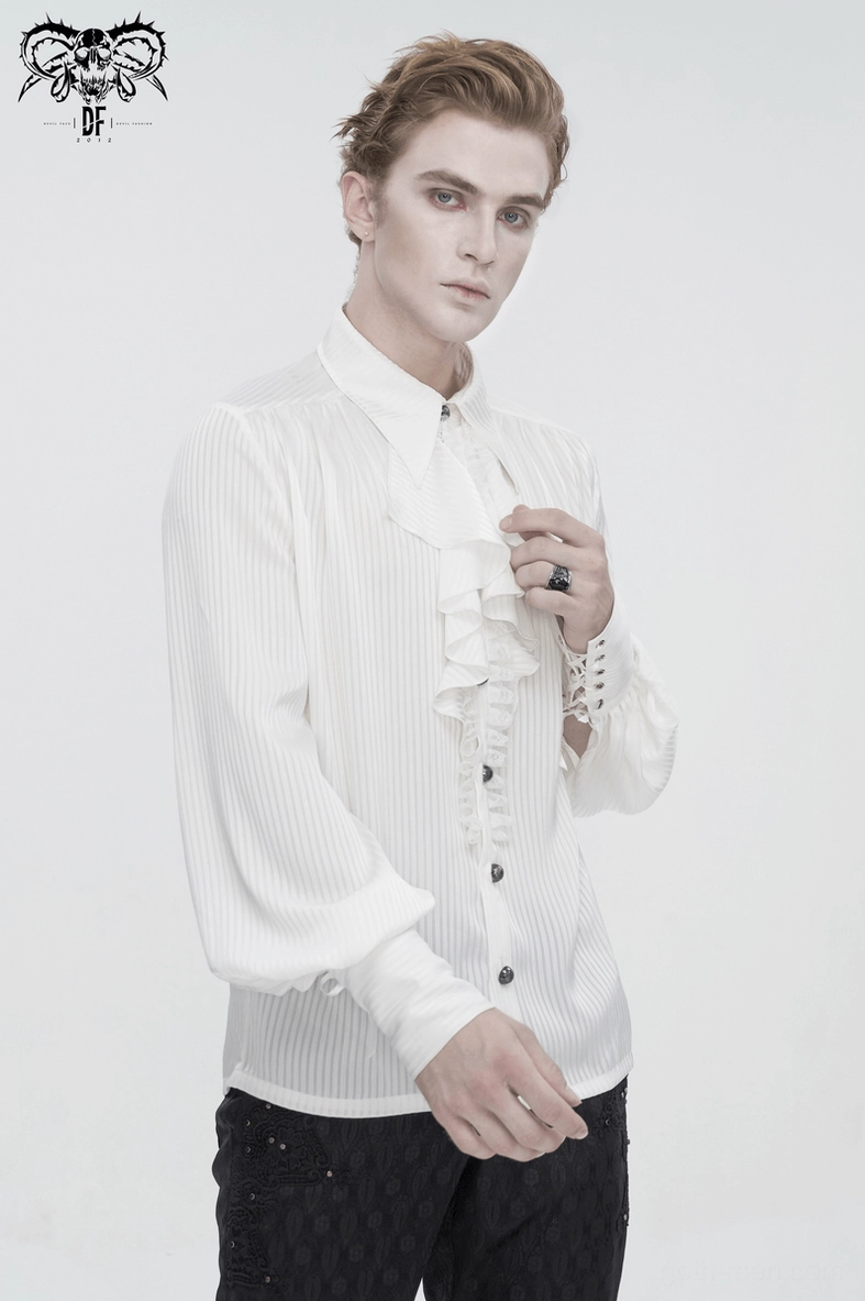 White victorian-inspired gothic pleated ruffle shirt worn styling, demonstrating theatrical drama and aristocratic charm of garment