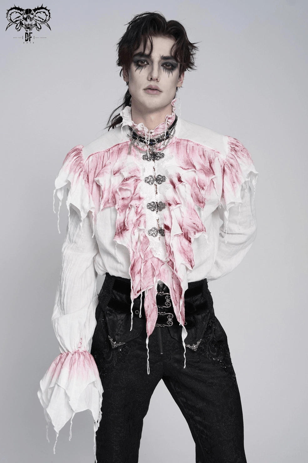 Gothic ruffle shirt three-quarter view showing theatrical ruffle layers and high collar design