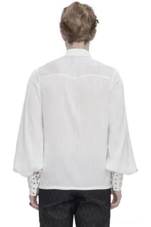White gothic dress shirt rear view on male model, showing bishop sleeves and striped back fabric design
