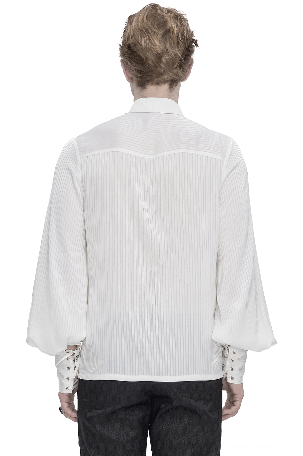 White gothic dress shirt rear view on male model, showing bishop sleeves and striped back fabric design