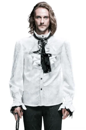 Men's gothic ruffled black and white ascot tie worn by adult male model, full front view showcasing dramatic lace and ruffled design against studio white background