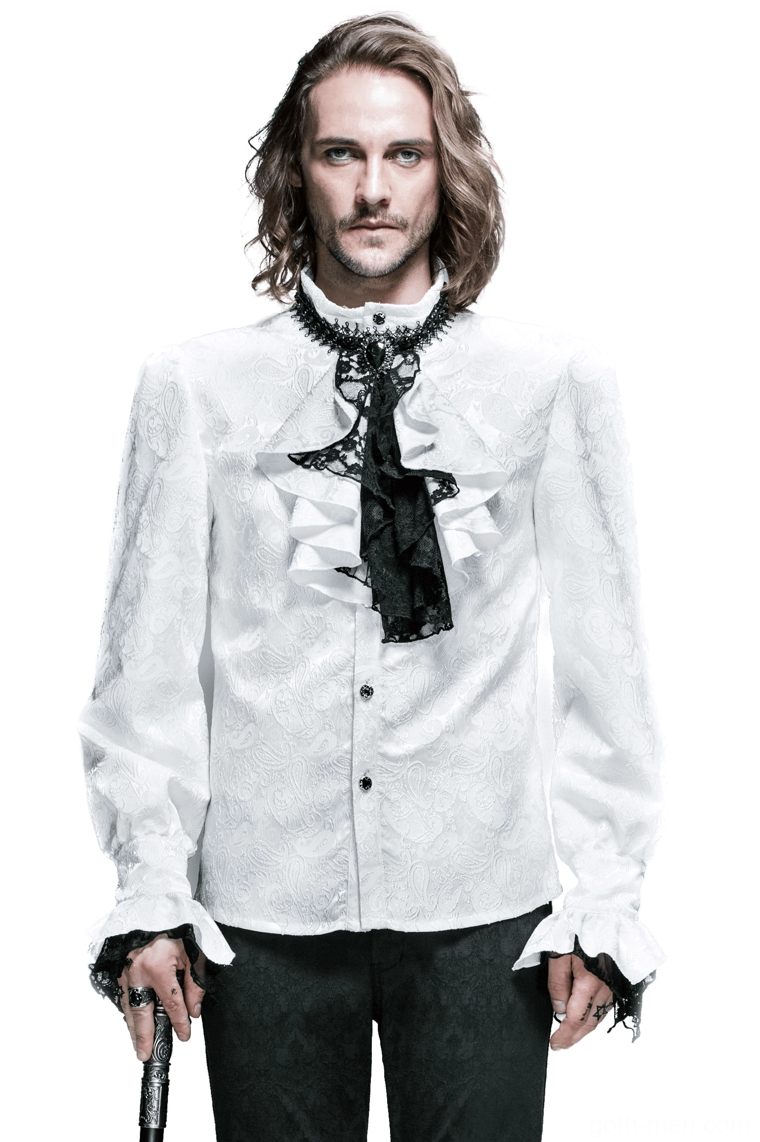 Men's gothic ruffled black and white ascot tie worn by adult male model, full front view showcasing dramatic lace and ruffled design against studio white background