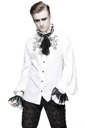 Men's Victorian gothic ruffled high collar shirt with lace bowtie front full view on model