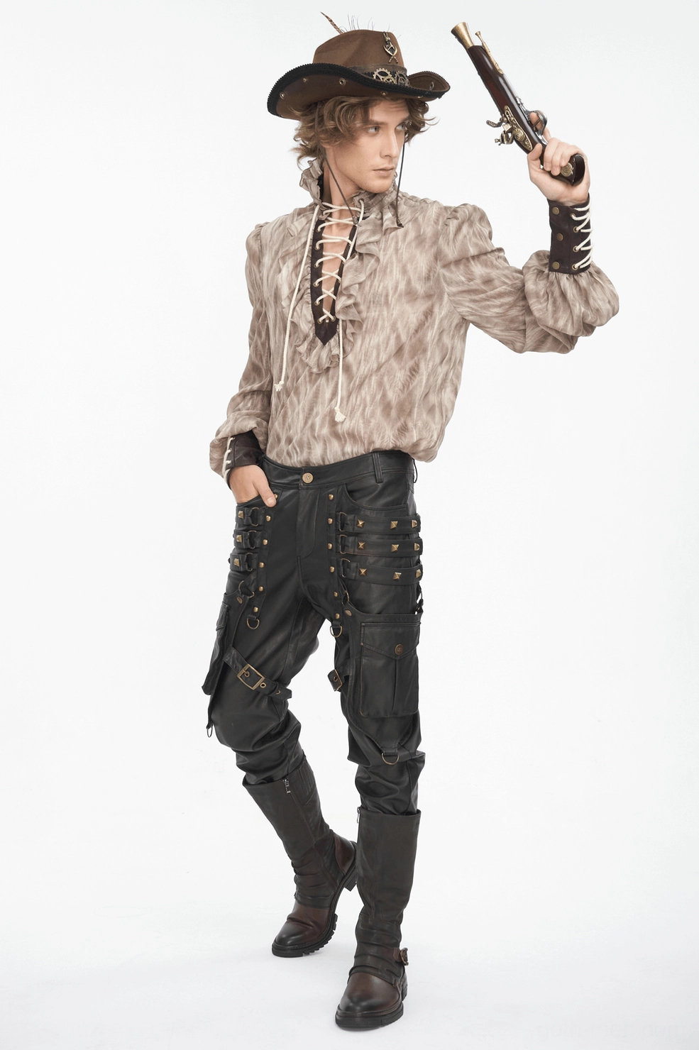 Gothic ruffled collar lace-up shirt alternative view highlighting dramatic neckline and lacing system
