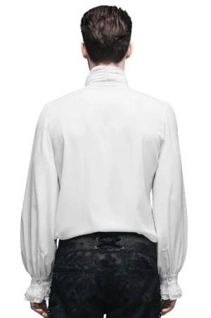 Victorian steampunk white ruffled shirt back view, male model with structured collar detail