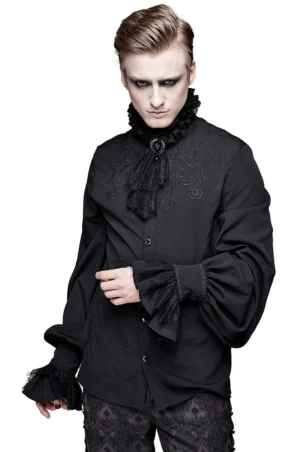 Black gothic ruffled high collar shirt with lace bowtie worn by male model front three-quarter view