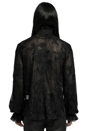 Black gothic lace ruffled shirt back view showing full-length bishop sleeves and sheer embroidered lace design