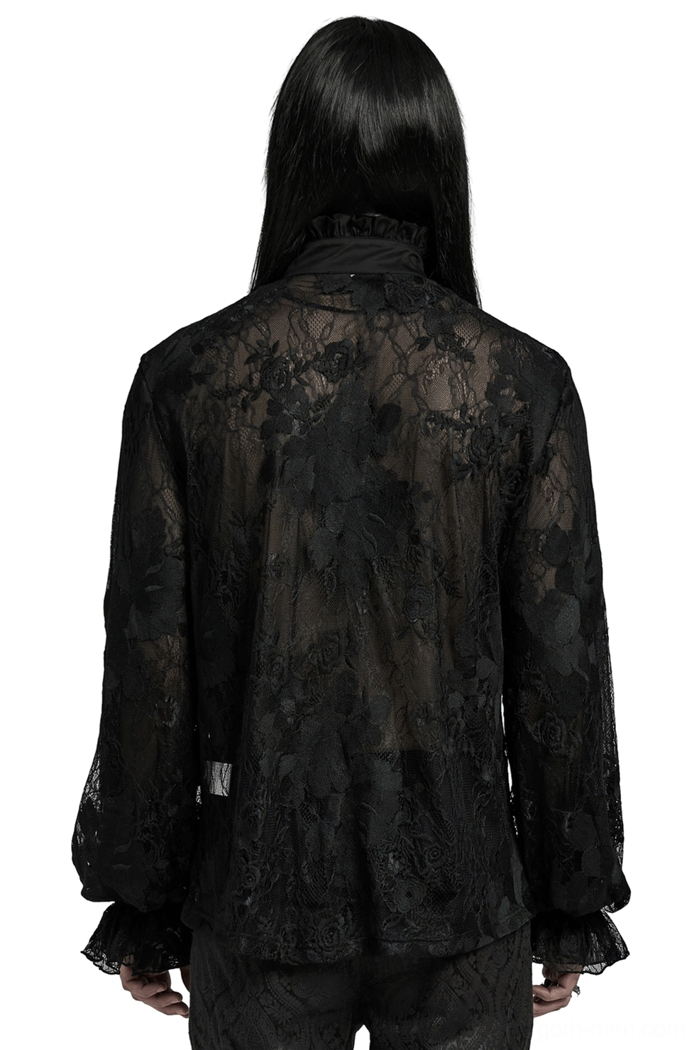 Black gothic lace ruffled shirt back view showing full-length bishop sleeves and sheer embroidered lace design