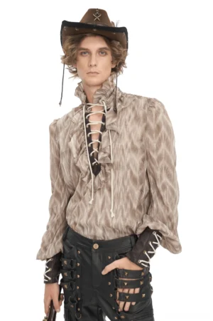Brown lace-up gothic ruffled shirt front three-quarter view with zigzag striped pattern and metal eyelet lacing