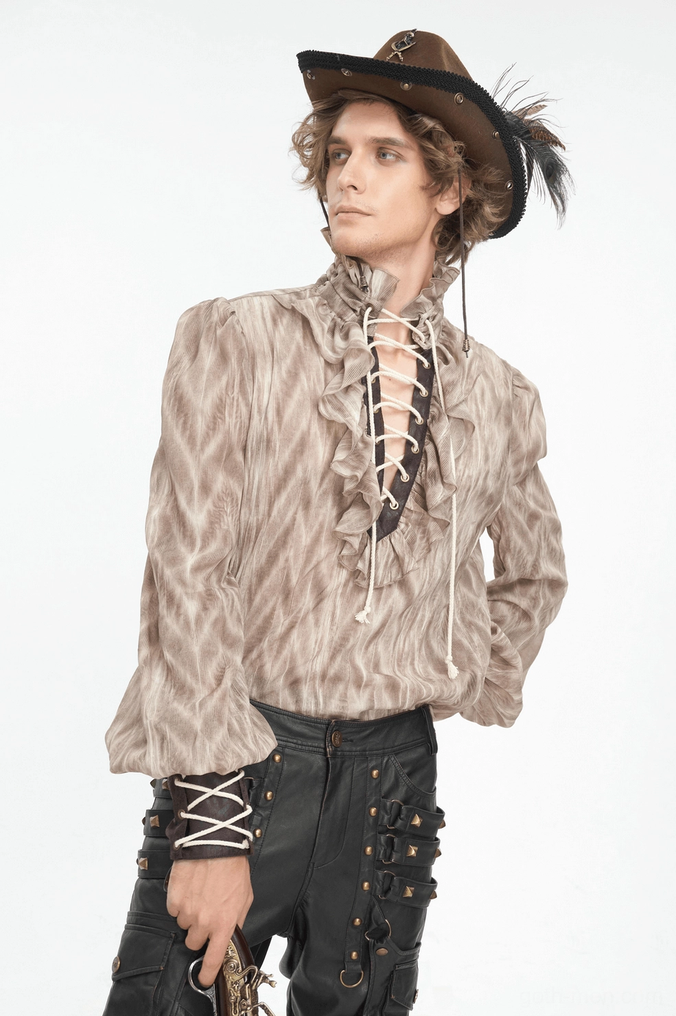 Brown gothic ruffled lace-up shirt full body styling shot showing complete outfit aesthetic